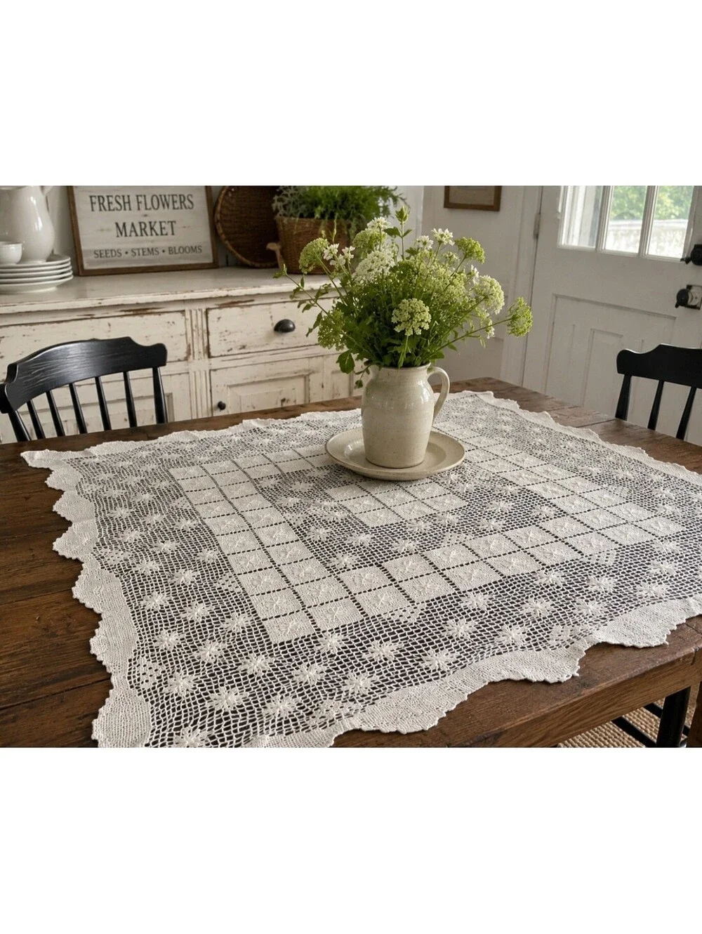 Vtg Handmade Crochet Lace Table Topper Spider Motif Filet Lace Size 24x24 Cream